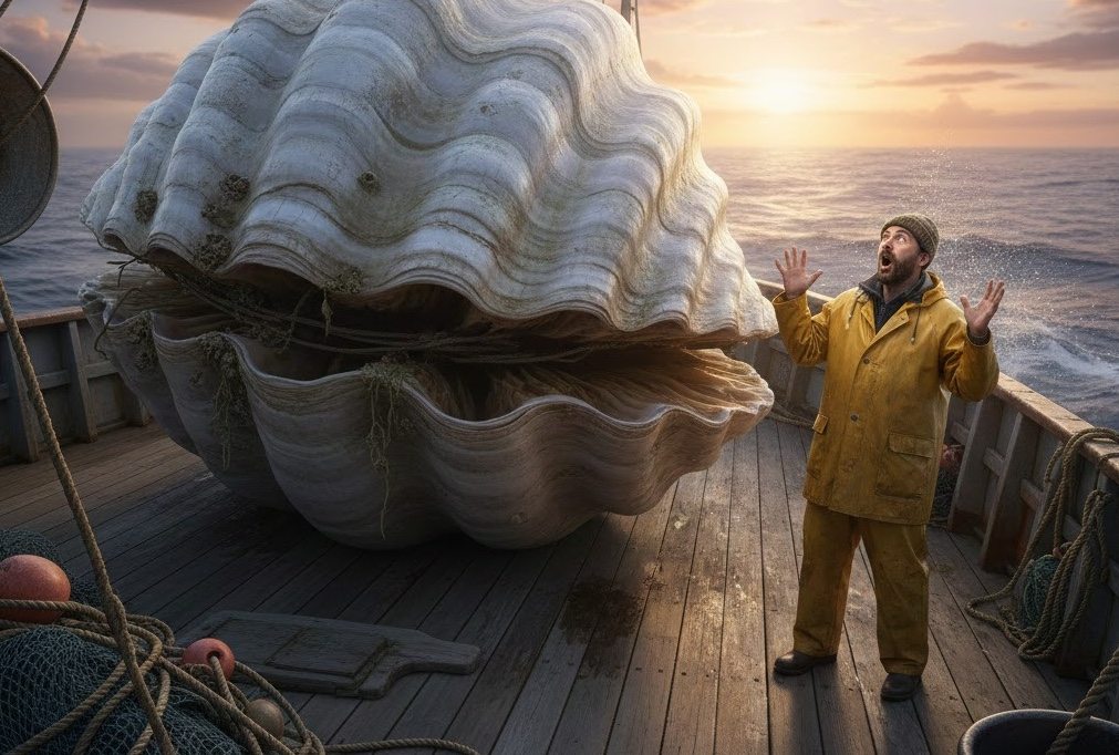Ele içou algo que lembrava uma concha gigante para o convés. Mas assim que olhou para dentro, um medo gélido o atravessou